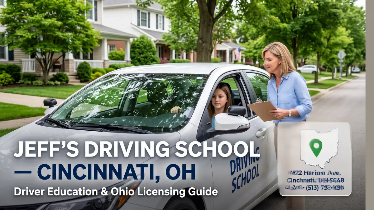 Jeff's Driving School blog banner featuring a driving instructor and student in a car with location details for 6022 Harrison Ave, Cincinnati, OH.
