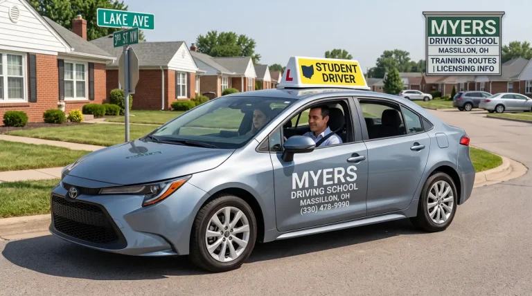 Myers Driving School student driver vehicle preparing for lessons on Lake Ave in Massillon, OH