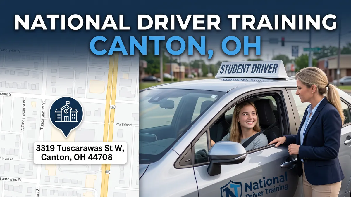 A blog header image with the text "NATIONAL DRIVER TRAINING CANTON, OH," showing a map location pin and a student driver with an instructor in a labeled car.