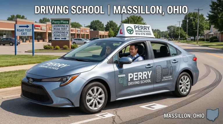 Perry Driving School training vehicle and student driver preparing for behind-the-wheel lessons in Massillon, Ohio