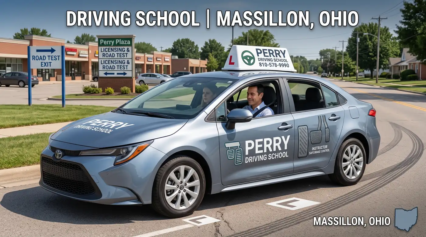 Perry Driving School training vehicle and student driver preparing for behind-the-wheel lessons in Massillon, Ohio