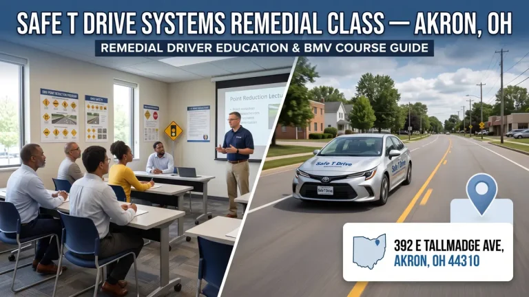 Safe T Drive Systems Remedial Class banner featuring an Ohio driver education classroom and location details for 392 E Tallmadge Ave, Akron, OH.
