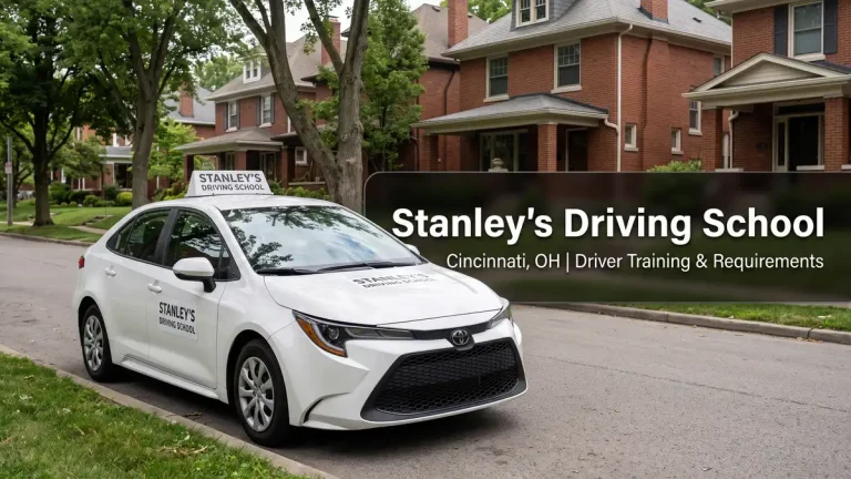 Stanley's Driving School location guide in Cincinnati, Ohio, featuring driver education requirements and behind-the-wheel instruction details.